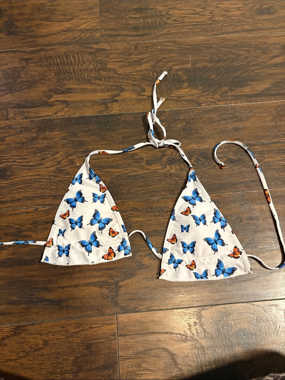 SHEIN White Triangle Bikini Top with Blue and Orange Butterfly Print